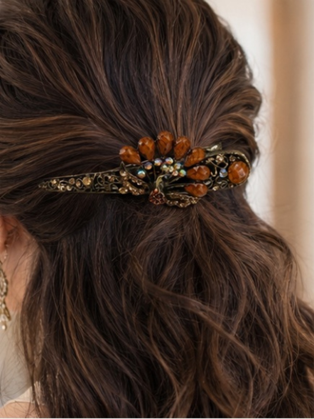 Vintage Peacock Rhinestone Hair Barrette Amber Faceted Stones Crystal Clip